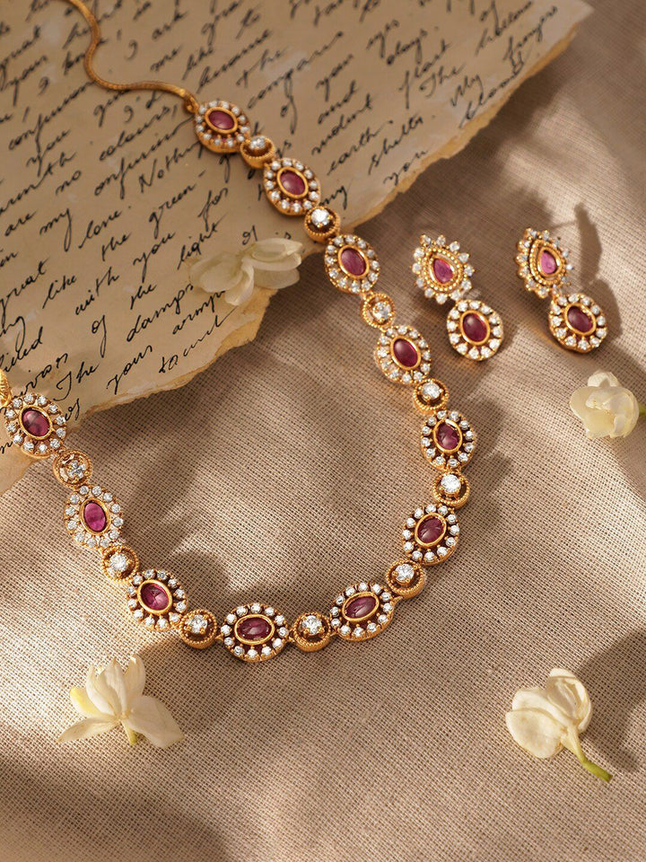 Rubans 22K Gold-Plated Ruby Pink Kundan & White Zirconia Studded Classic Necklace Set