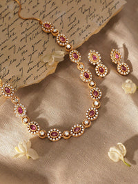 Rubans 22K Gold-Plated Ruby Pink Kundan & White Zirconia Studded Classic Necklace Set