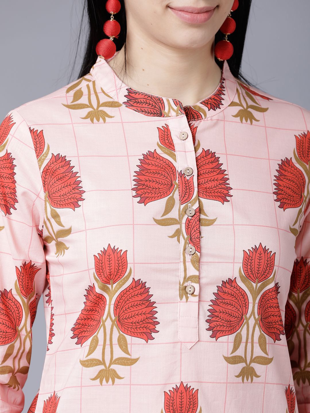 Vishudh Coral Floral Printed Mandarin Collar Straight Kurta