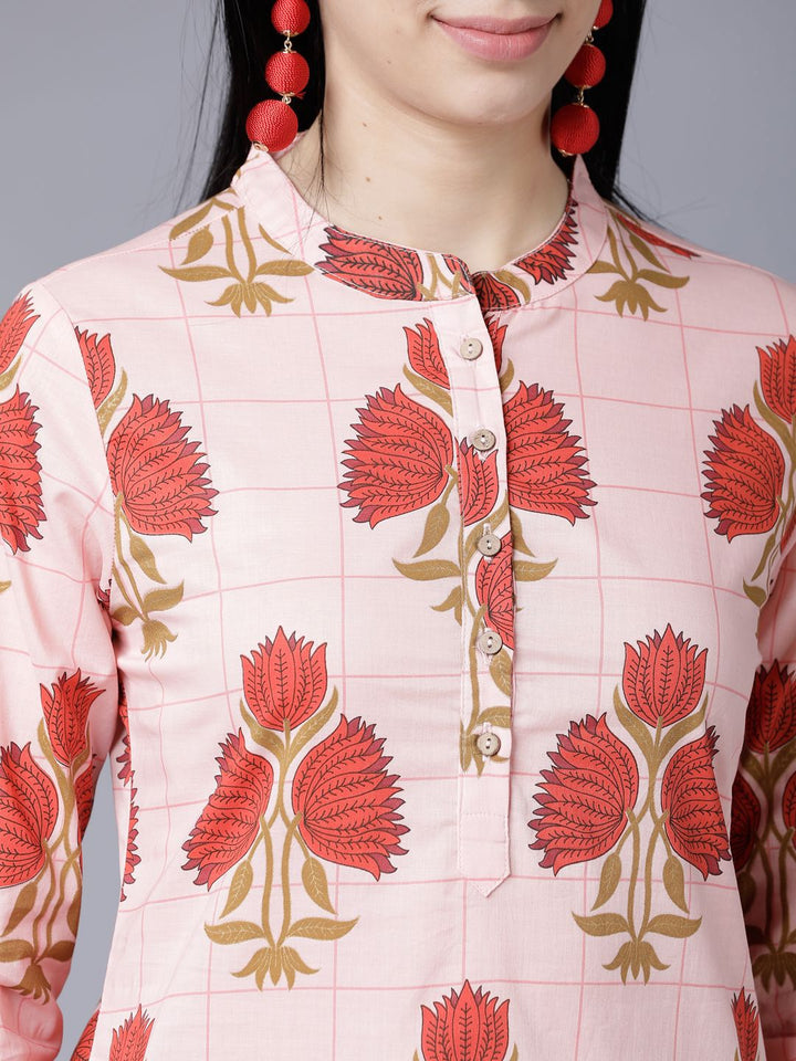 Vishudh Coral Floral Printed Mandarin Collar Straight Kurta