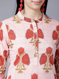 Vishudh Coral Floral Printed Mandarin Collar Straight Kurta