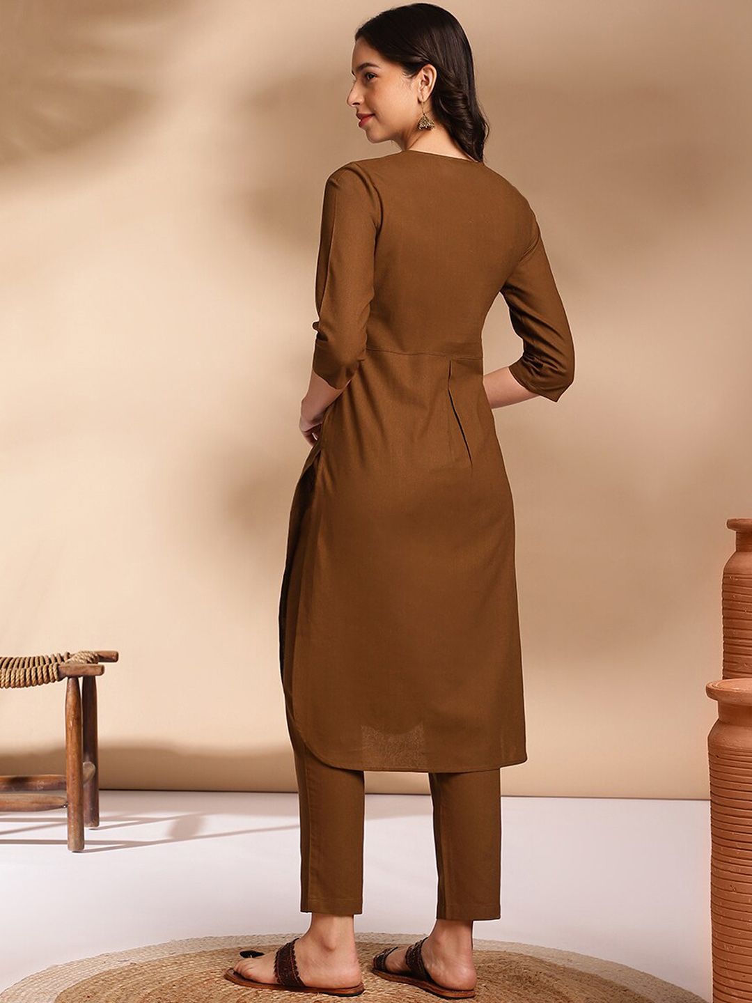 Anouk Olive Round Neck Straight Curved Pleated Kurta With Trouser