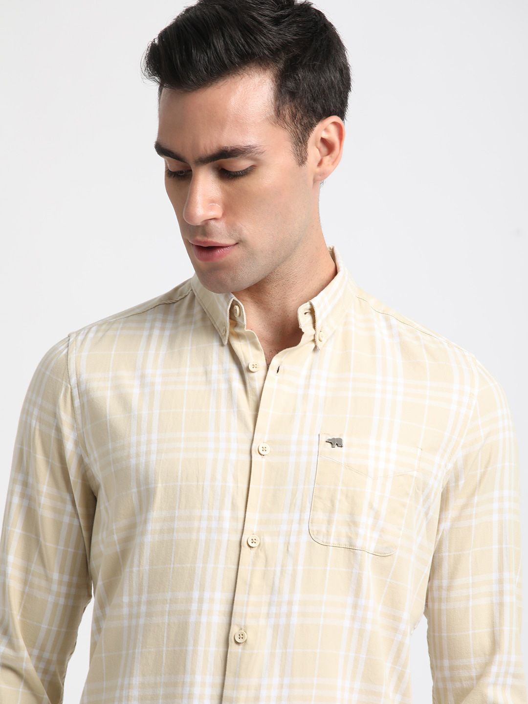 THE BEAR HOUSE Slim Fit Checked Button-Down Collar Twill Weave Pure Cotton Casual Shirt