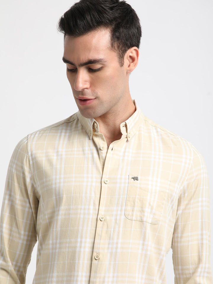 THE BEAR HOUSE Slim Fit Checked Button-Down Collar Twill Weave Pure Cotton Casual Shirt