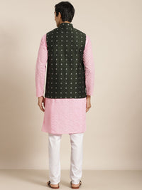 SOJANYA Men Pink Ethnic Motifs Chikankari Pure Cotton Kurta with Churidar & Nehru Jacket