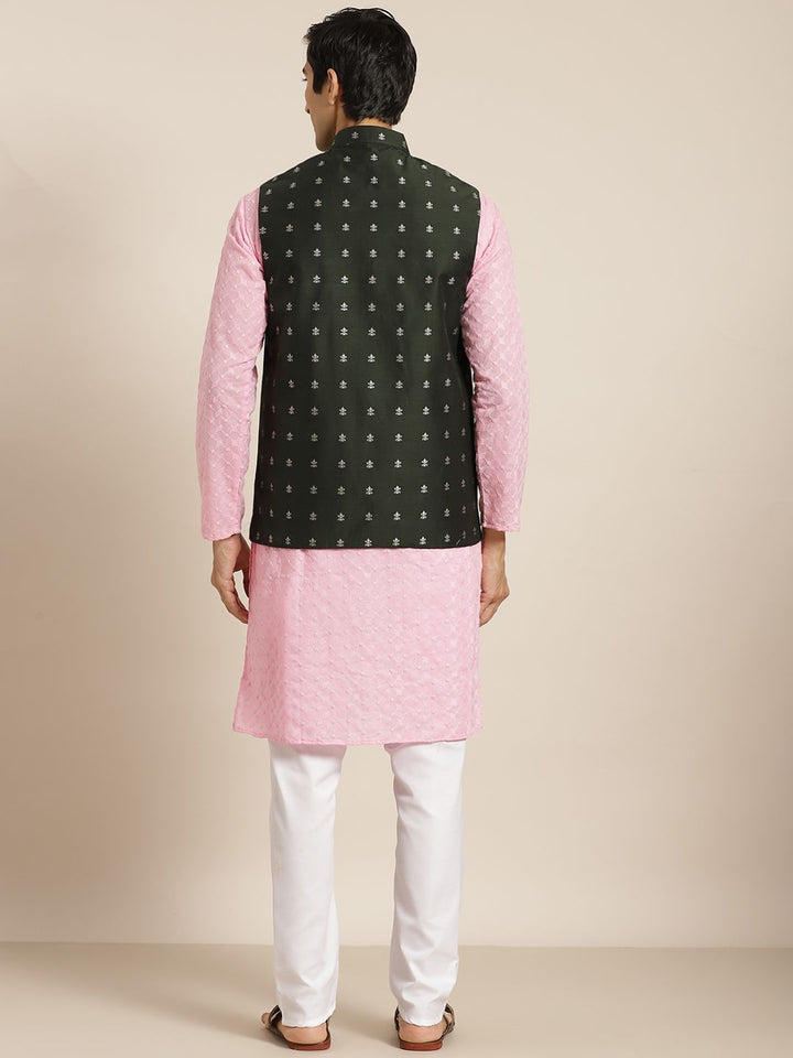 SOJANYA Lelaki Motif Etnik Merah Jambu Chikankari Kurta Kapas Tulen dengan Jaket Churidar & Nehru