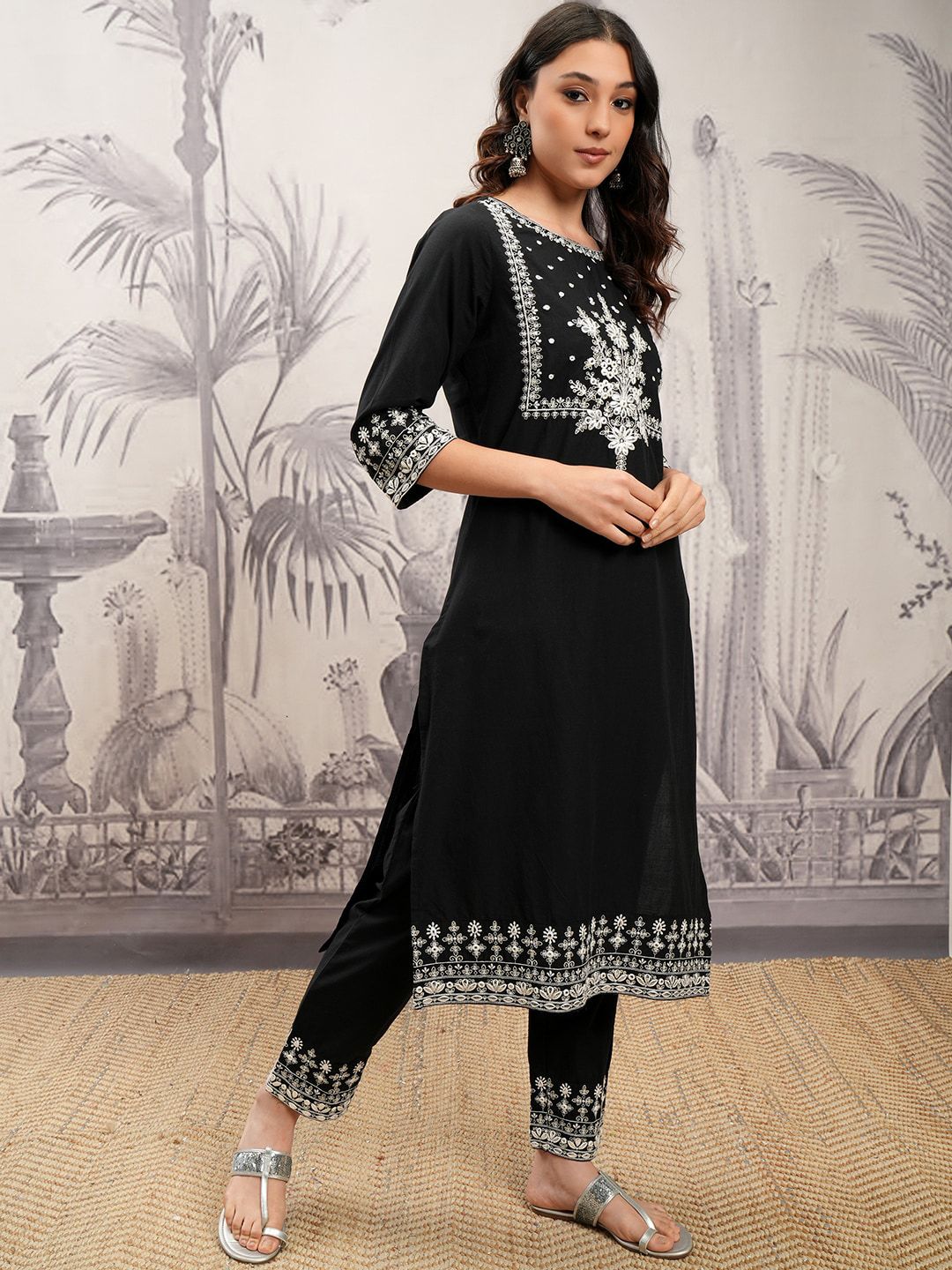 Vishudh Black Floral Embroidered Regular Pure Cotton A-Line Kurta With Trousers & Dupatta