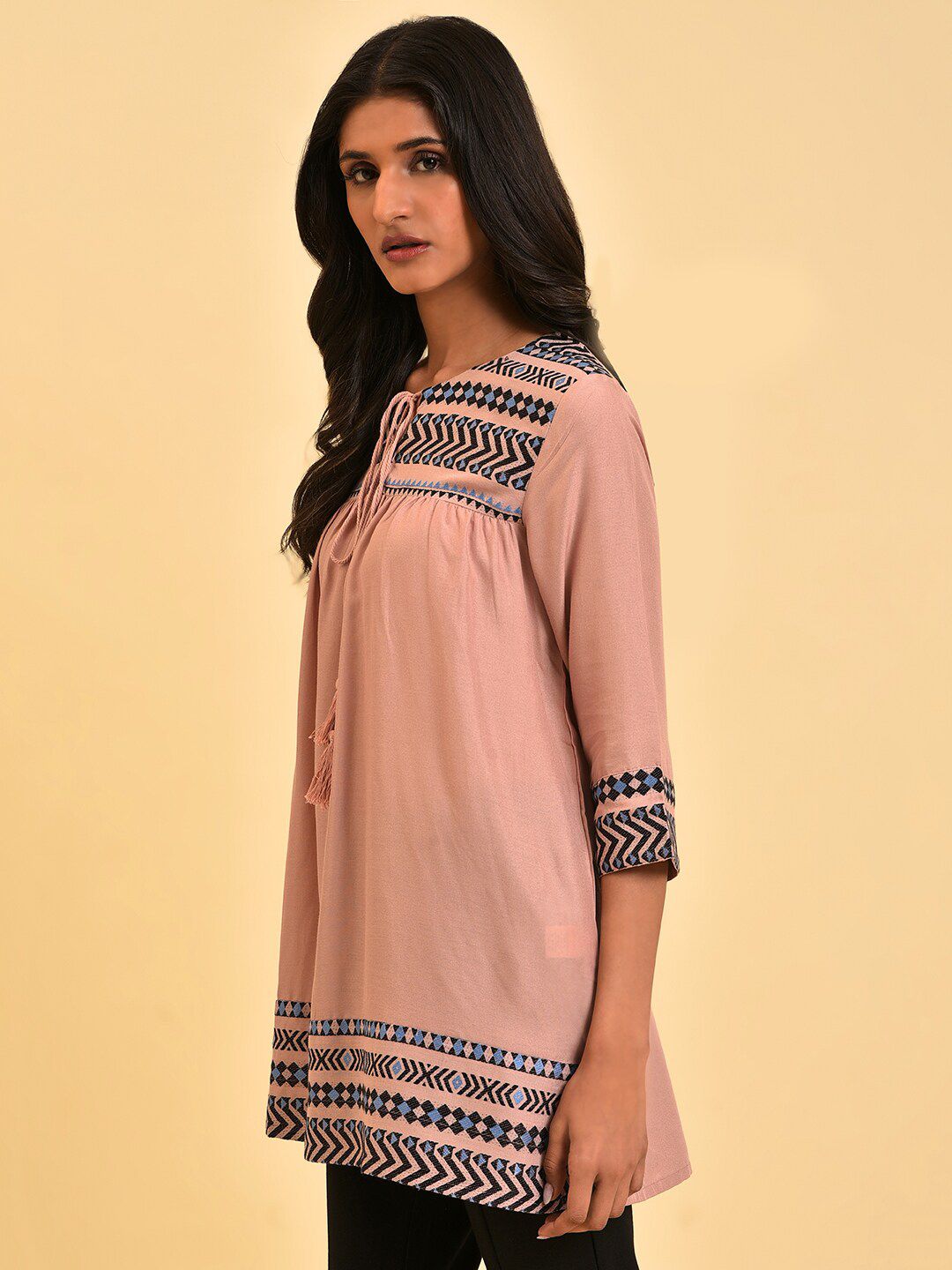 W Pink Geometric Embroidered Tie-Up Neck Tunic