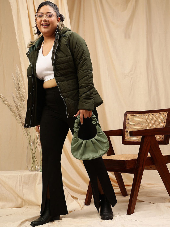 Curvy Street Plus Saiz Bertindat Leher Lengan Panjang Jaket Puffer