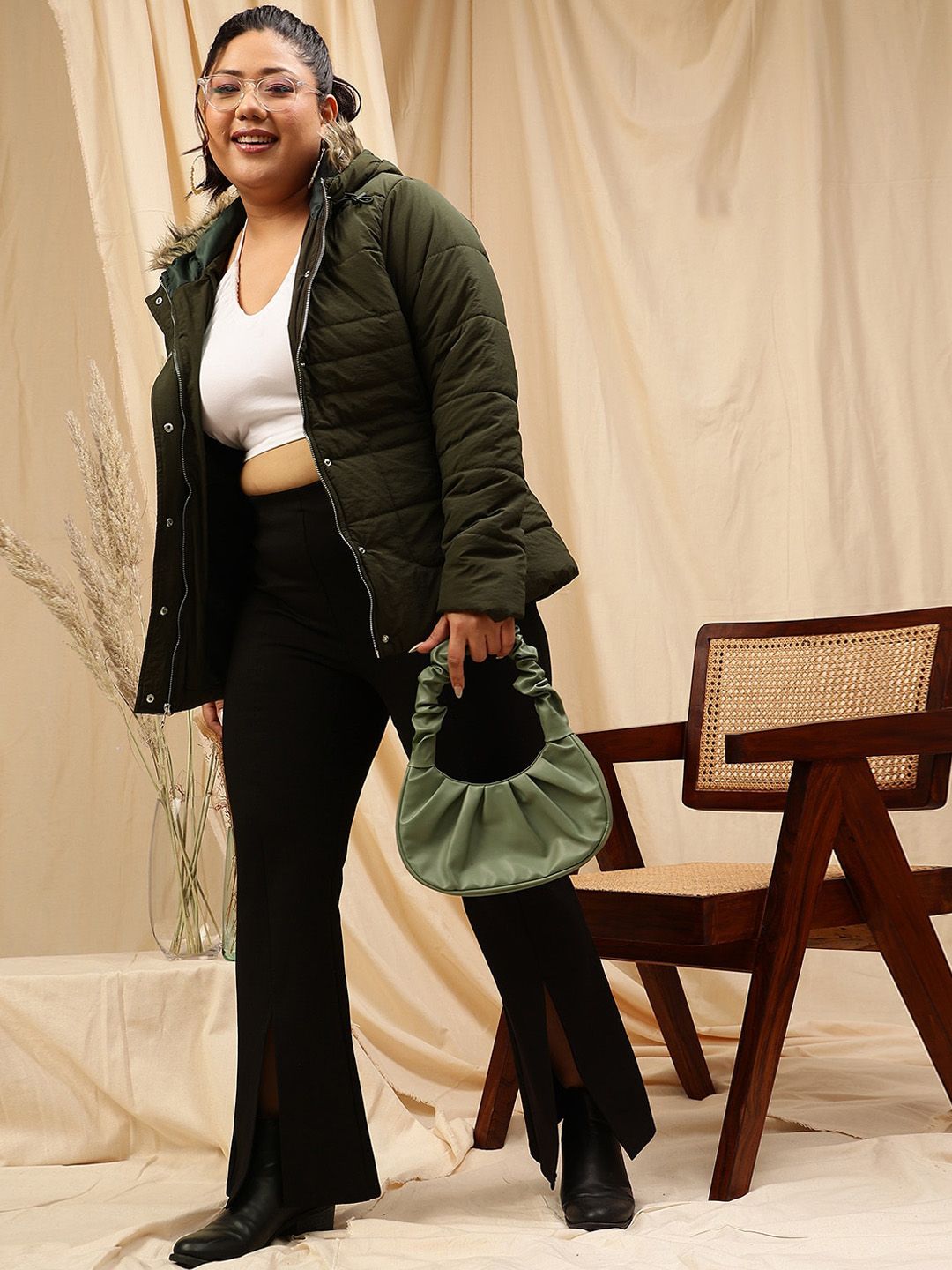 Curvy Street Plus Saiz Bertindat Leher Lengan Panjang Jaket Puffer