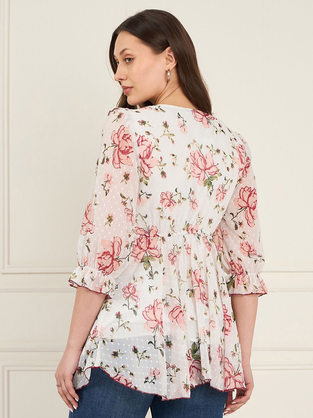 Antheaa Floral Print Puff Sleeve Ruffles Chiffon Wrap Top