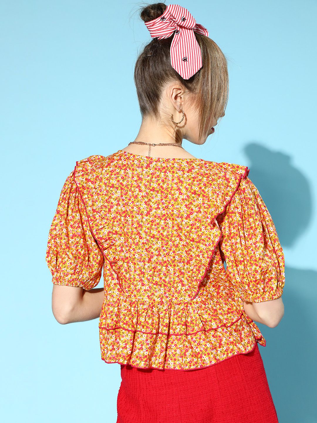 Antheaa Women Bright Yellow Floral Tiered Top