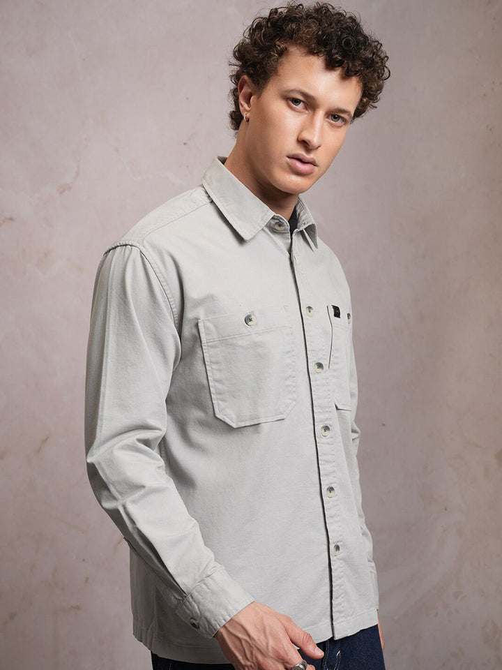 LOCOMOTIVE Premium Washed Dobby Textured Solid Utility Pocket Cotton Overshirt