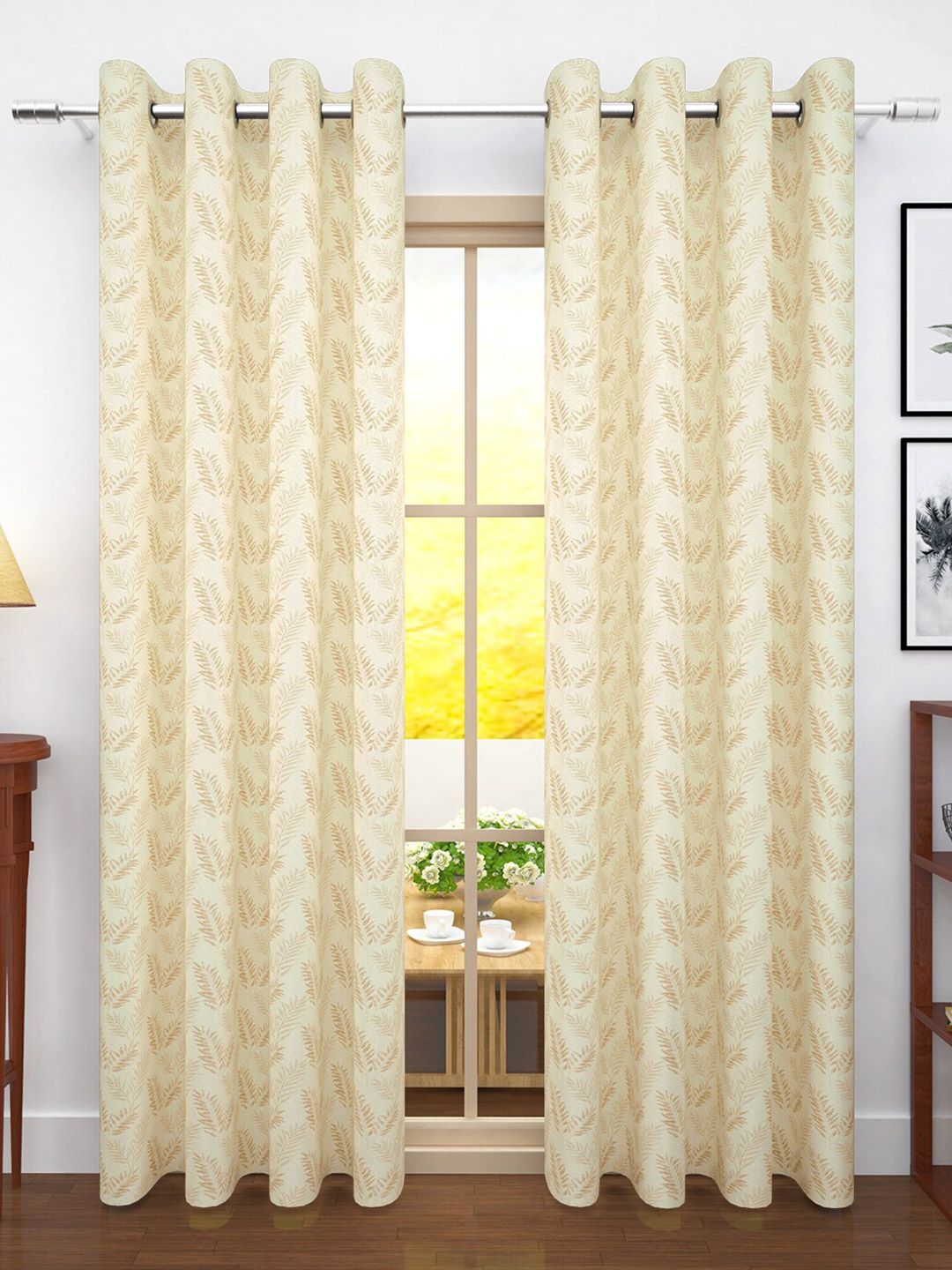 Story@home Cream-Coloured Set of 2 Floral Room Darkening Door Curtain