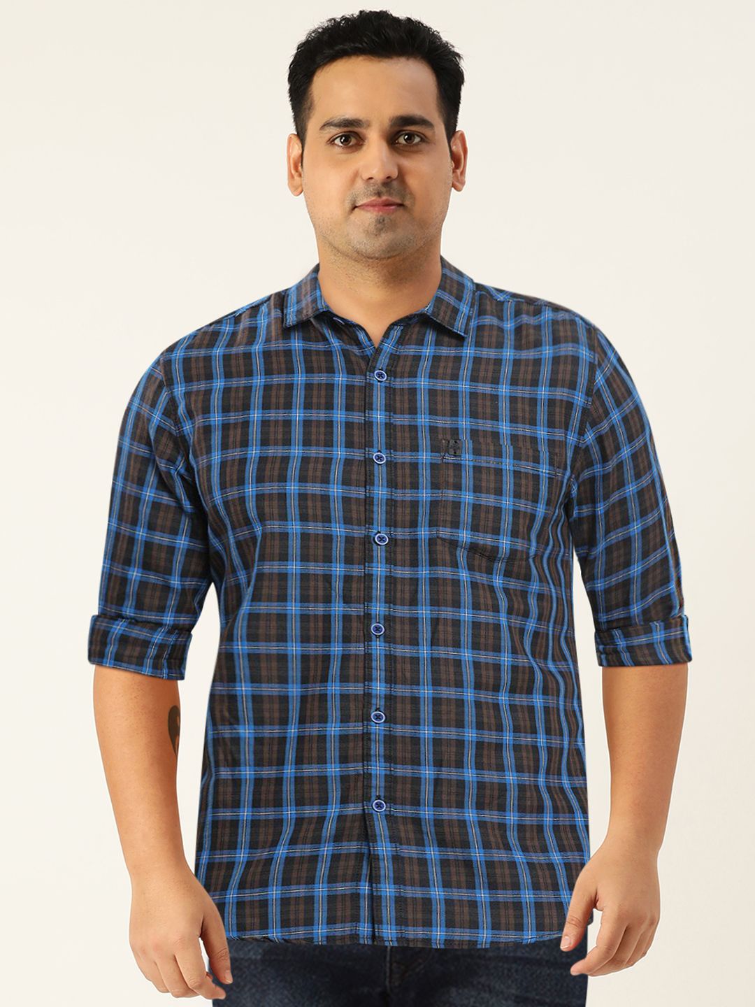 The Indian Garage Co Men Blue Checked Pure Cotton Casual Shirt