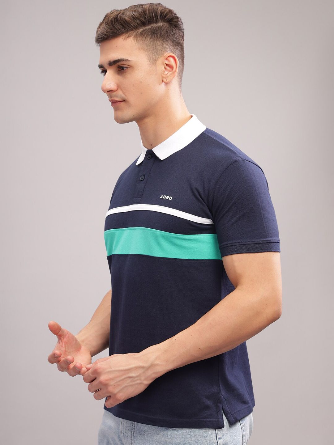 ADRO Striped Polo Collar Short Sleeves Pure Cotton Regular T-shirt