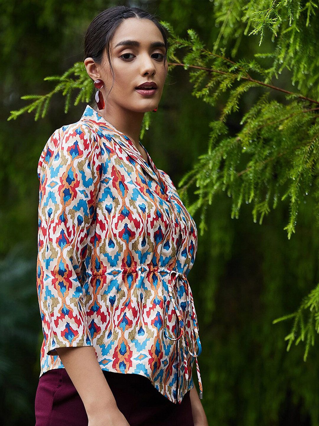 Athena Women Beige & Blue Print Top