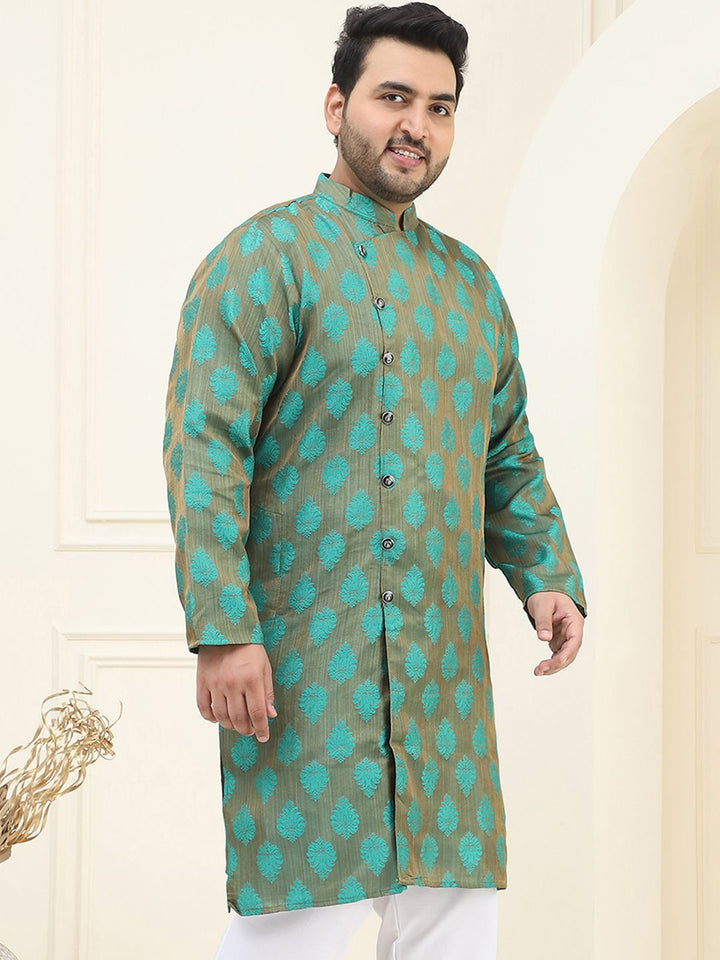 SOJANYA PLUS Size Men Green & Copper Woven Design Indie Prints Jacquard Kurta