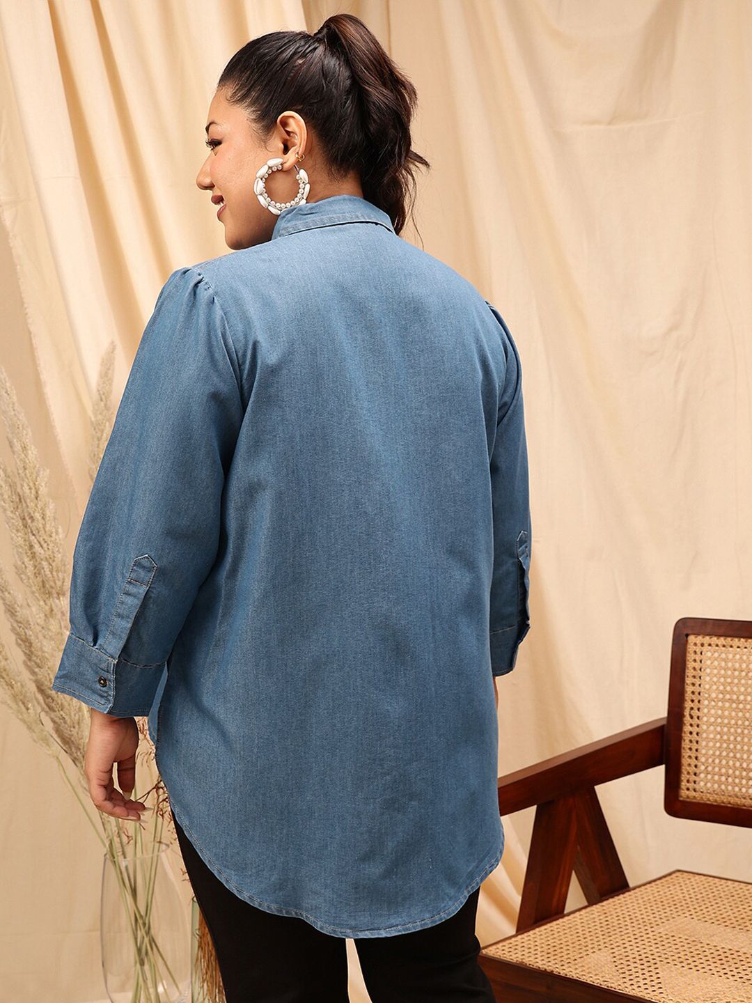 CURVY STREET Blue Comfort Cotton Spread Collar Curved Casual Shirt