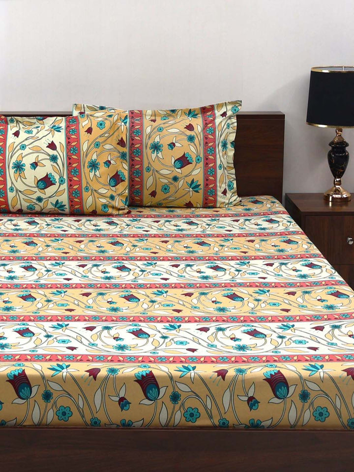 BOMBAY DYEING Cardinal Beige Floral Printed Cotton 120 TC Queen Bedsheet Set 2.54 x 2.24m