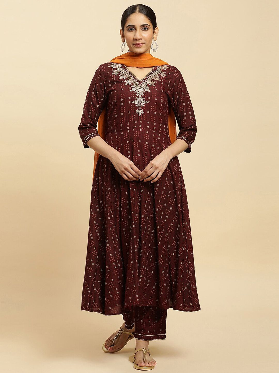 W Brown Ethnic Motifs Printed Thread Work Detailed A-Line Kurta & Trousers With Dupatta
