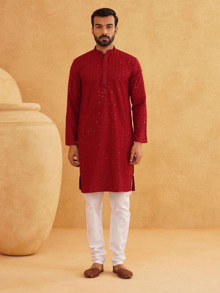 SOJANYA Geometric Embroidered Sequence Mandarin Collar Pure Cotton Kurta