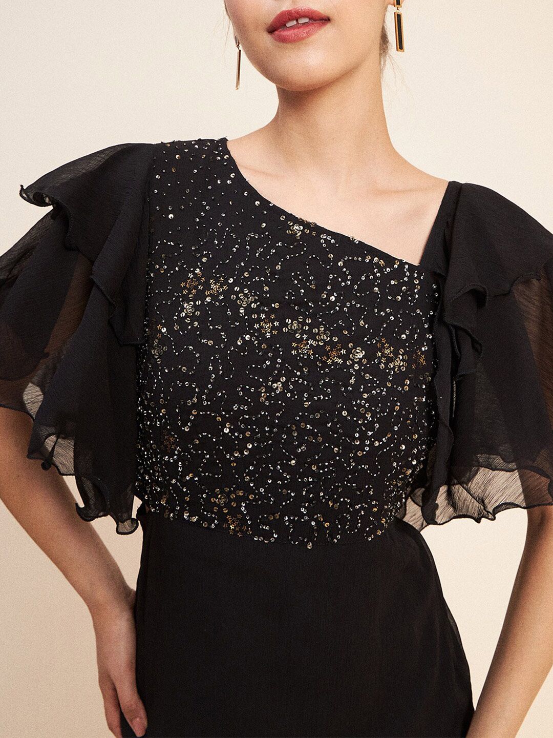 Antheaa Black V-Neck Flutter Sleeve Embellished Detail Fit & Flare Dress