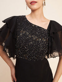 Antheaa Black V-Neck Flutter Sleeve Embellished Detail Fit & Flare Dress
