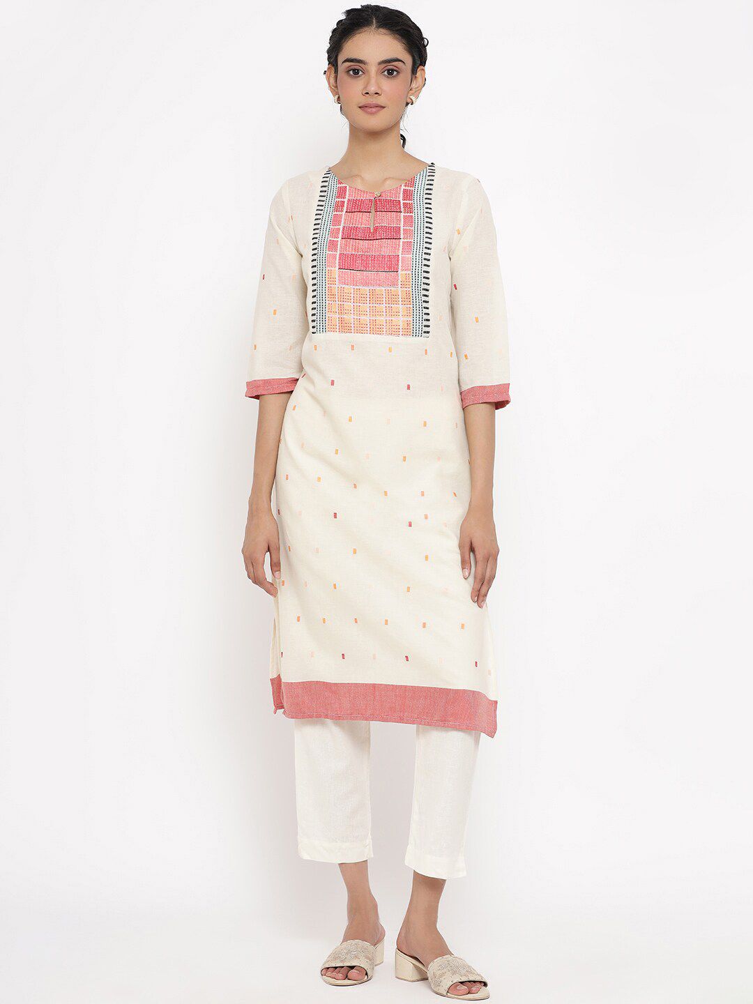 W Women White & Red Woven Design Keyhole Neck Straight Kurta