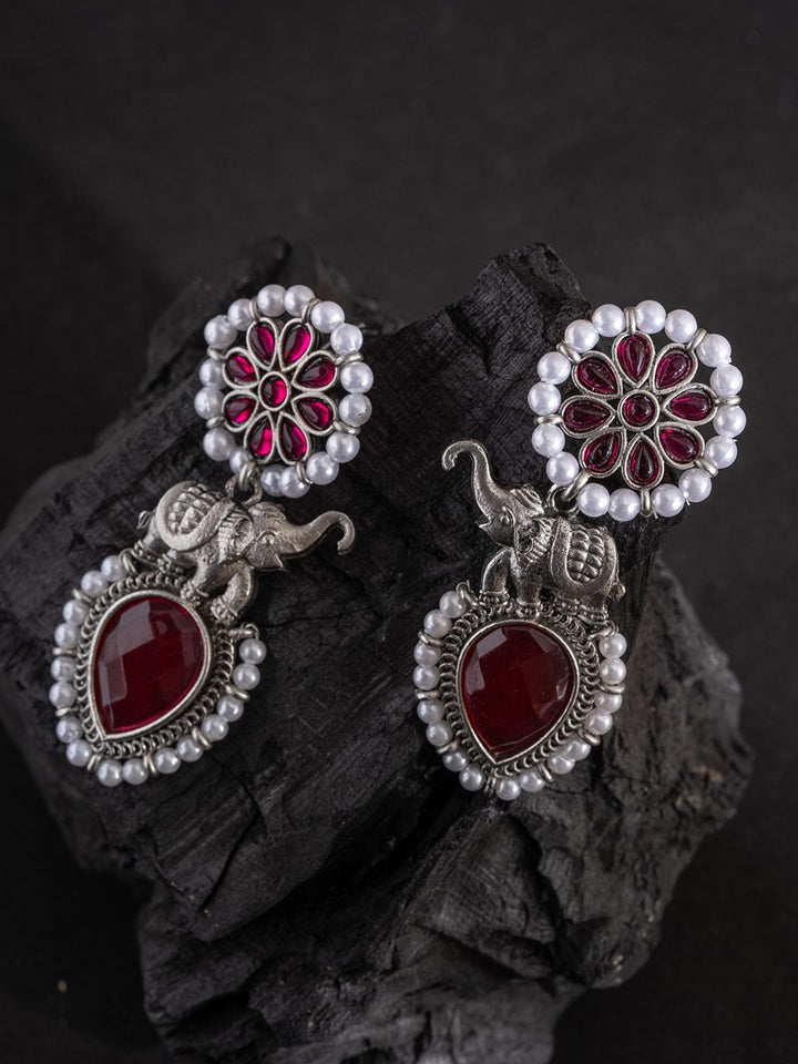 PANASH Silver-Plated Stones Studded And Beaded Animal Shaped Oxidised Drop Earrings