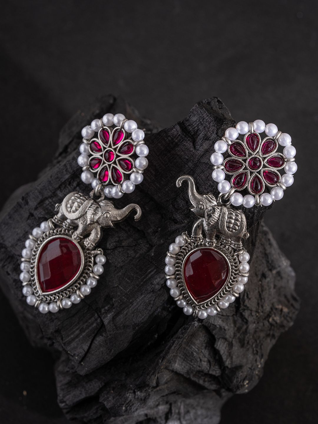 PANASH Silver-Plated Stones Studded And Beaded Animal Shaped Oxidised Drop Earrings