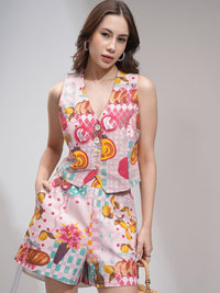 ESPYR By Tokyo Talkies Women Printed Waistcoat And Shorts Co-Ord Set