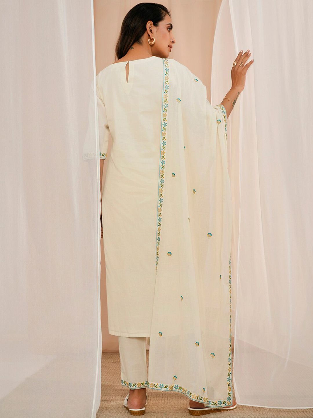 Libas Floral Yoke Design Regular Thread Work Pure Cotton Kurta With Trousers & Dupatta