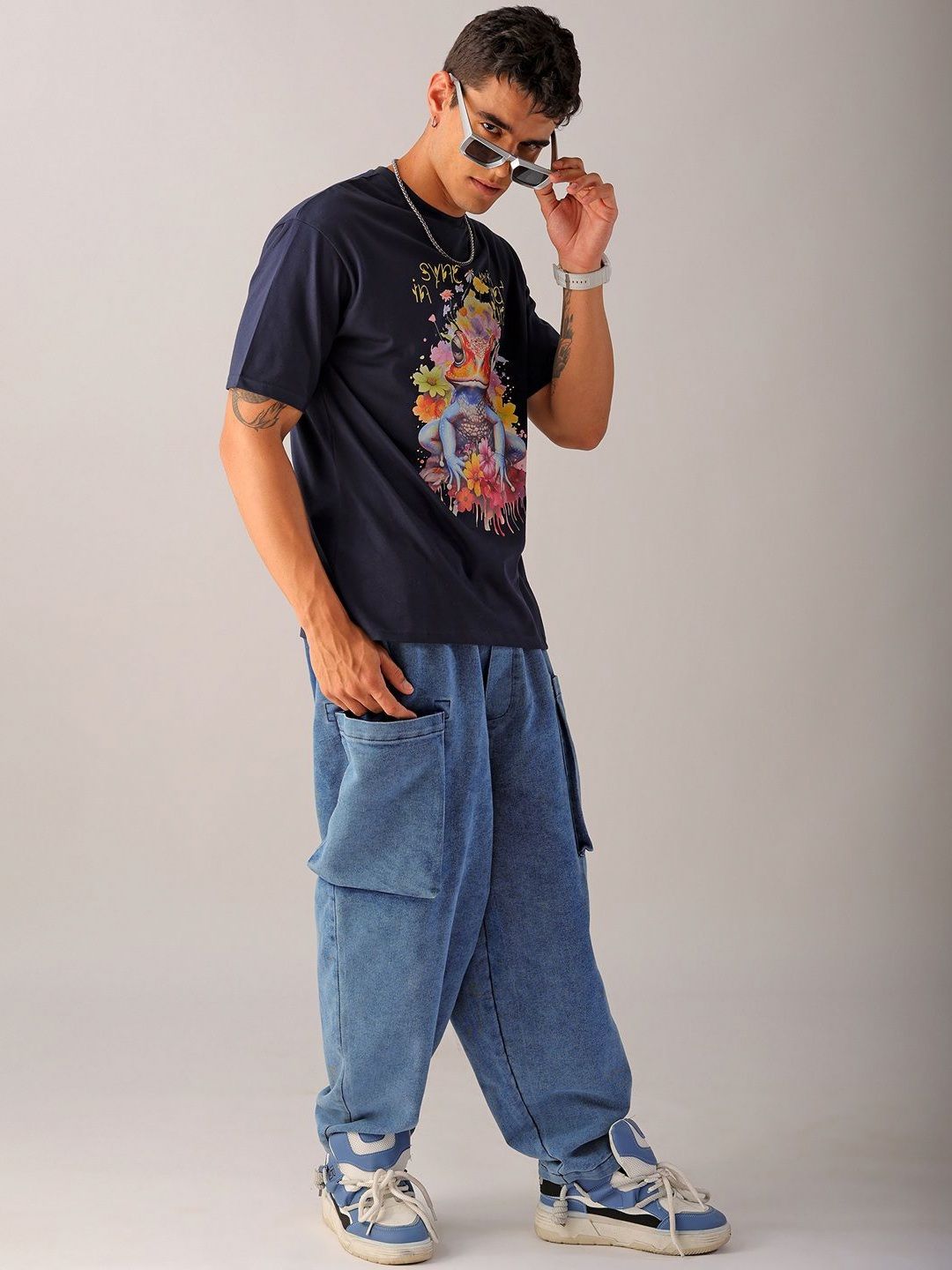 The Indian Garage Co Men Pure Cotton Back Printed Boxy Oversized Round Neck T-shirt