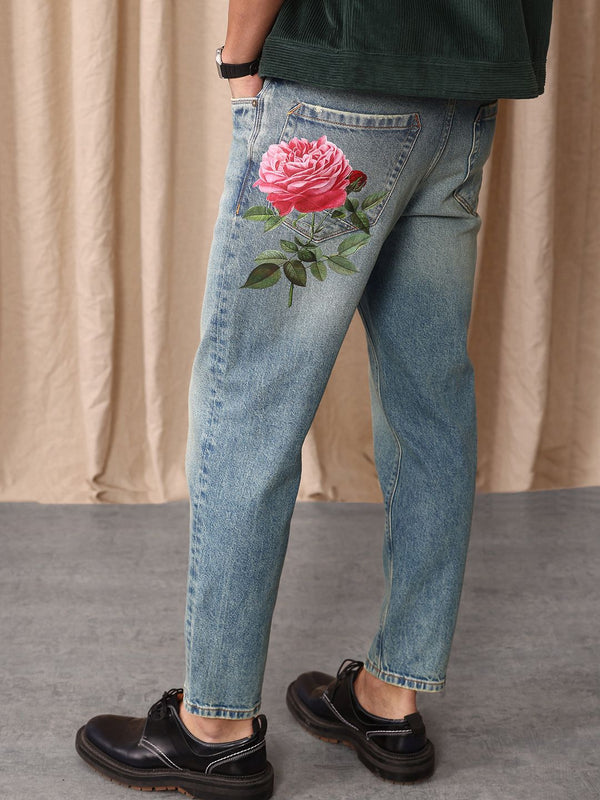 Mr Bowerbird Men Tapered Fit Mid-Rise Heavy Fade Printed Cropped Stretchable Jeans