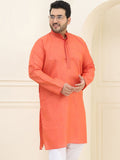 SOJANYA PLUS Lelaki Coral Orange Kurta Lurus Kapas Semak Sendiri