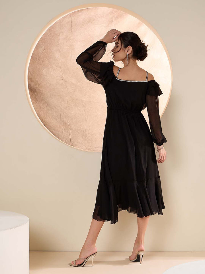 Antheaa Embellished Puff Sleeve frilled Fit and Flare Midi Dress