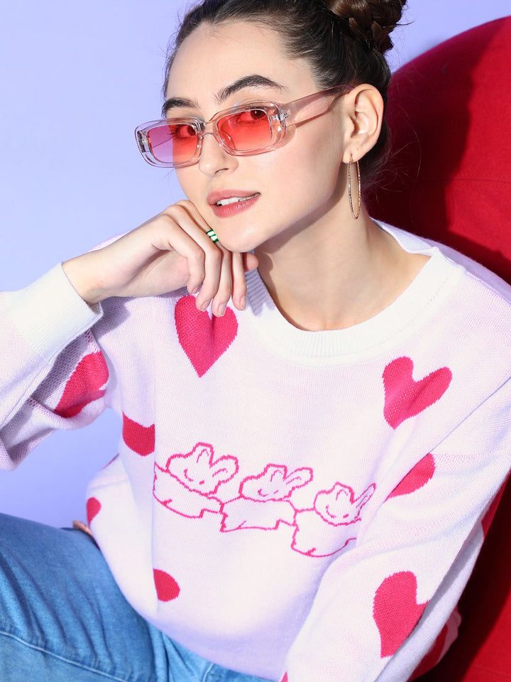 Berrylush Women Stylish White Geometric Knits Bits Sweater