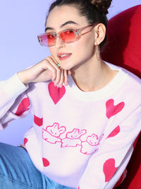 Berrylush Women Stylish White Geometric Knits Bits Sweater
