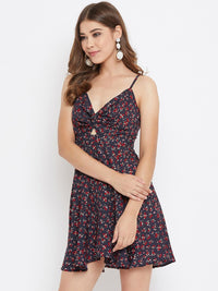 Berrylush Women Navy Blue & Red Floral Printed Fit and Flare Dress