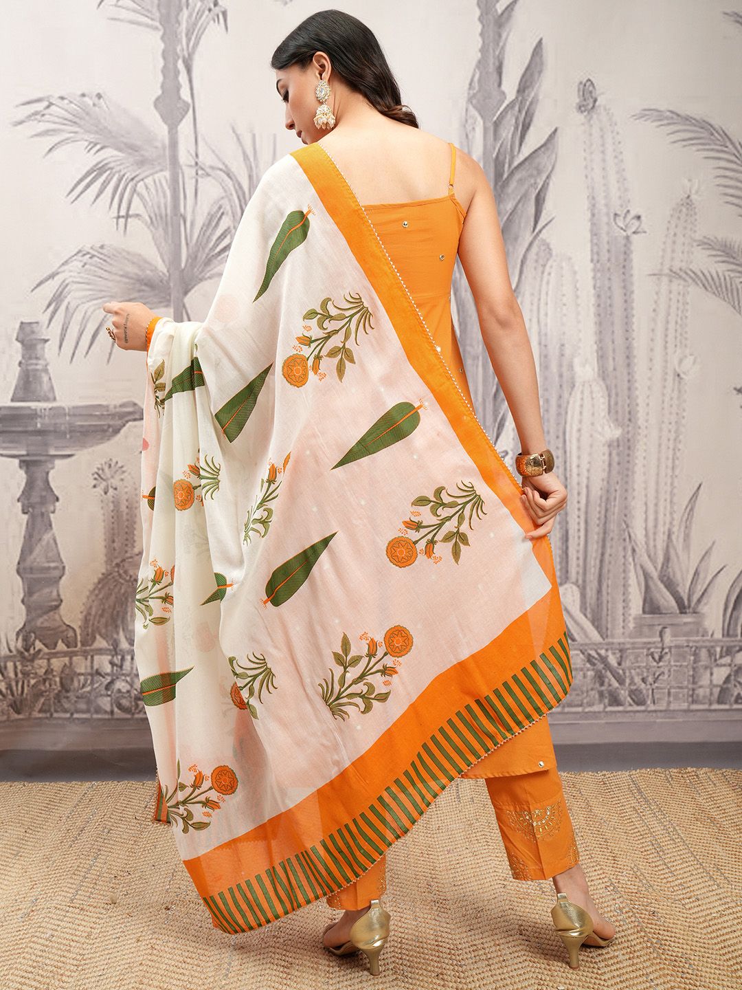 Vishudh Orange & Cream Embroidered Mirror Work Pure Cotton Kurta with Trousers & Dupatta