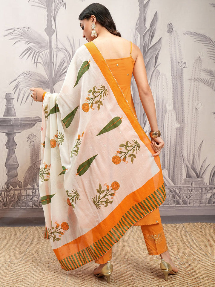 Vishudh Orange & Cream Embroidered Mirror Work Pure Cotton Kurta with Trousers & Dupatta