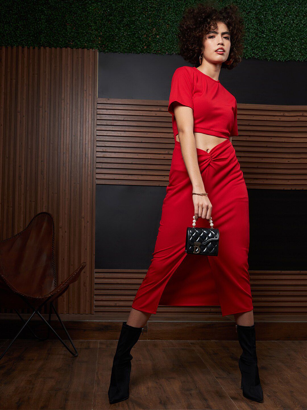 Athena Red Round Neck Short Sleeves Cut-Outs Sheath Midi Dress