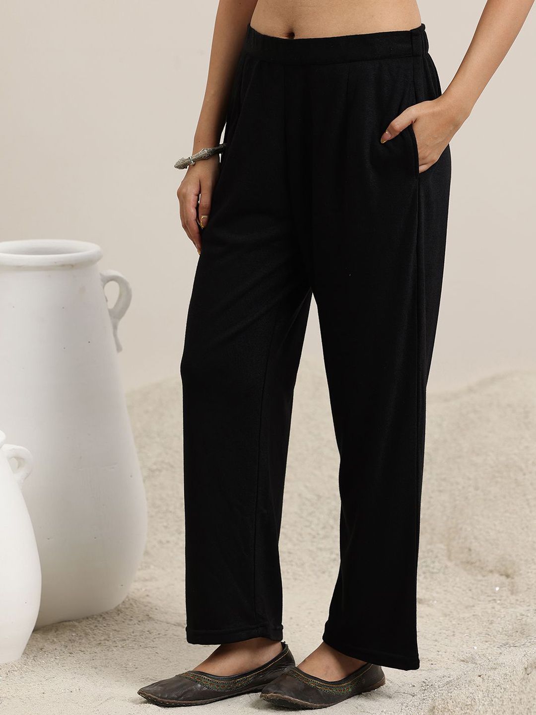 Libas Black Ethnic Motifs Woven Design Notch Neck Straight Kurta with Trousers & Dupatta