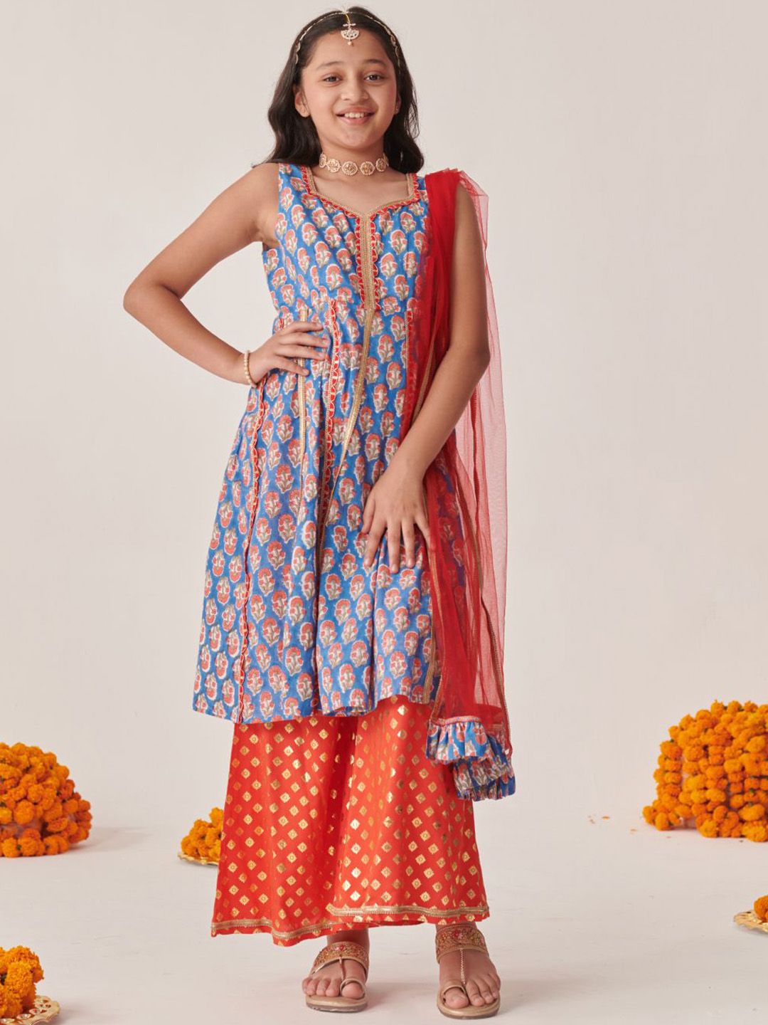 pspeaches Girls Floral Printed Empire Gotta Patti Kurta with Palazzos & With Dupatta