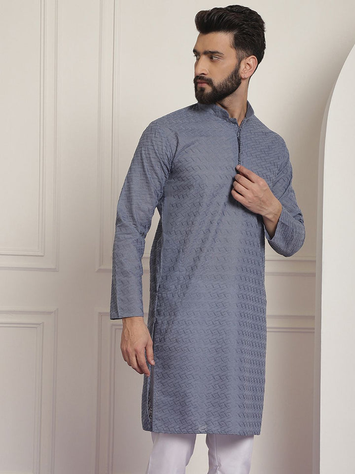 SOJANYA Men Grey Ethnic Motifs Embroidered Cotton Straight Kurta