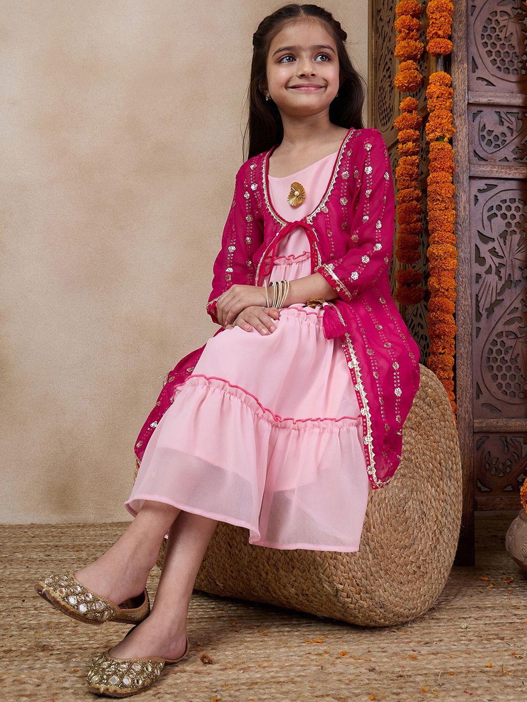 pspeaches Girls Tiered Sleeveless A-Line Midi Georgette Ethnic Dress With Embroidered Shrug
