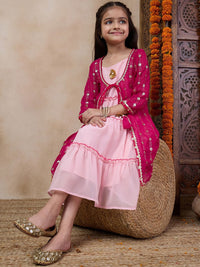 pspeaches Girls Tiered Sleeveless A-Line Midi Georgette Ethnic Dress With Embroidered Shrug