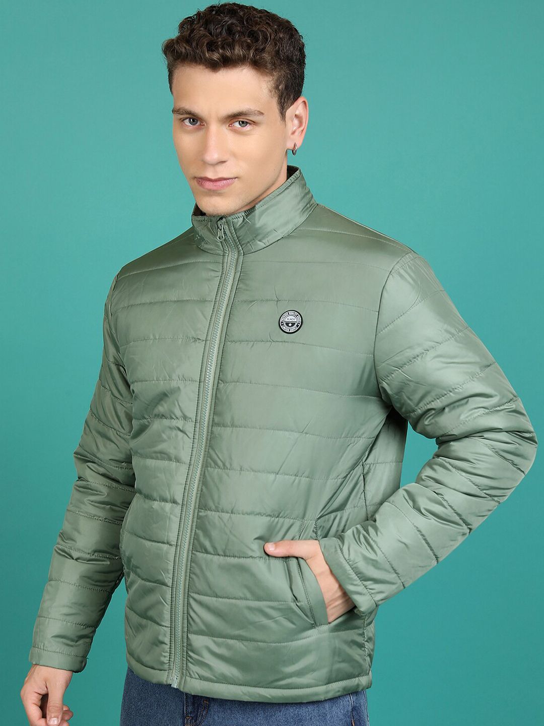 HIGHLANDER Olive Green Mock Collar Padded Jacket
