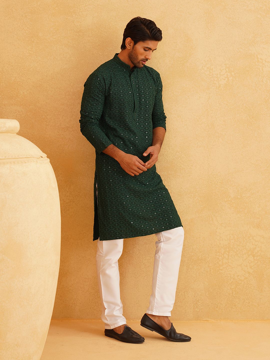 SOJANYA Embroidered Sequinned Pure Cotton Kurta With Churidar